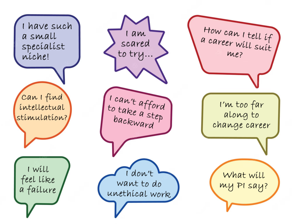 Quotes from postdocs "I have such a small specialist niche!", "I am scared to try", "How can I tell if a career will suit me?", "Can I find intellectual stimulation?", "I can't afford to take a step back", "I am too far along to change career", "I will feel like a failure", "I don't want to do unethical work", "What will my PI say?"