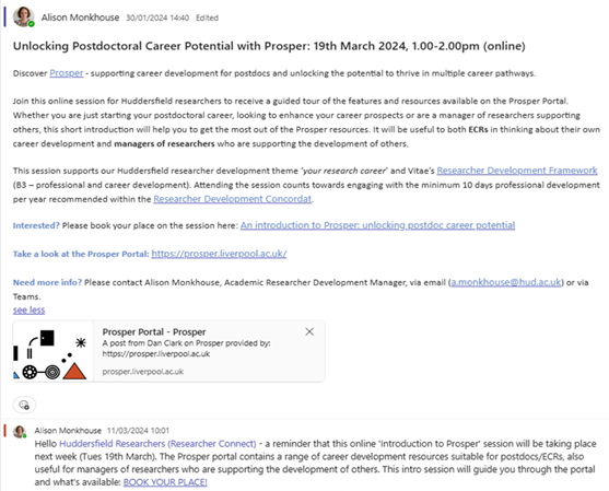 Image of promotion of the Prosper introduction session posted by Alison to the Researcher Connect Teams space - a network for researchers at Huddersfield that Alison has been building