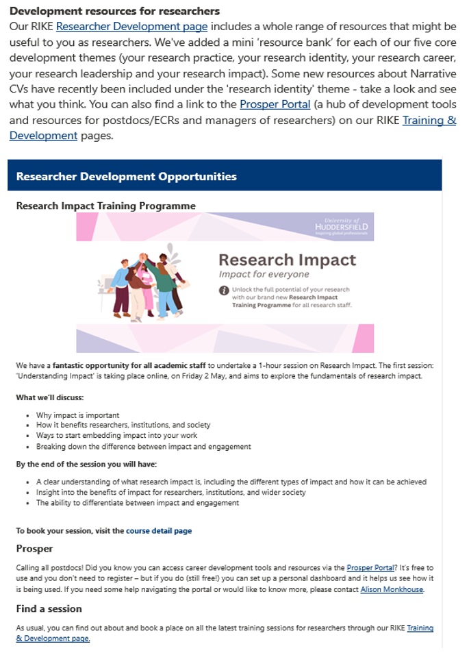 Image of Prosper promotion in mailshot sent to RIKE Associate Deans in June 2024, along with a feature on Prosper in the RIKE newsletter