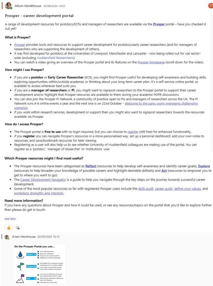 Images of Prosper promotion Alison posted on the Researcher Connect teams space
