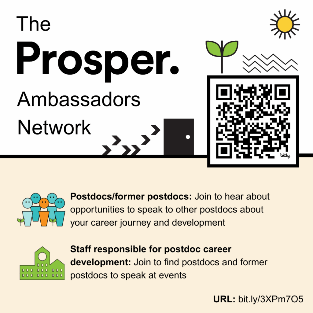 An image with information about the Proper Ambassadors Network. It reads: Postdocs/former postdocs: Join to hear about opportunities to speak to other postdocs about your career journey and development. Staff responsible for postdoc career development: Join to find postdocs and former postdocs to speak at events The image also includes a QR code and the link: bit.ly/3XPm7O5